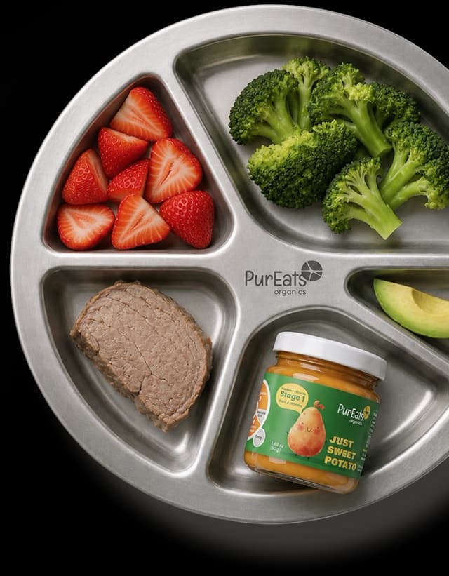 Baby feeding plate with fruits, vegetables, and PureEats organics